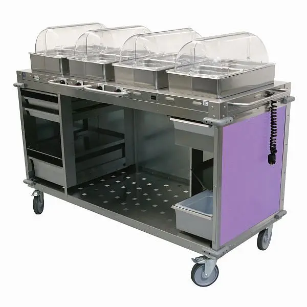 Cadco Flexible MobileServ 4 Bay Cart, 49" Height, Stainless / Purple Laminate Panels, CBC-HHHH-L7