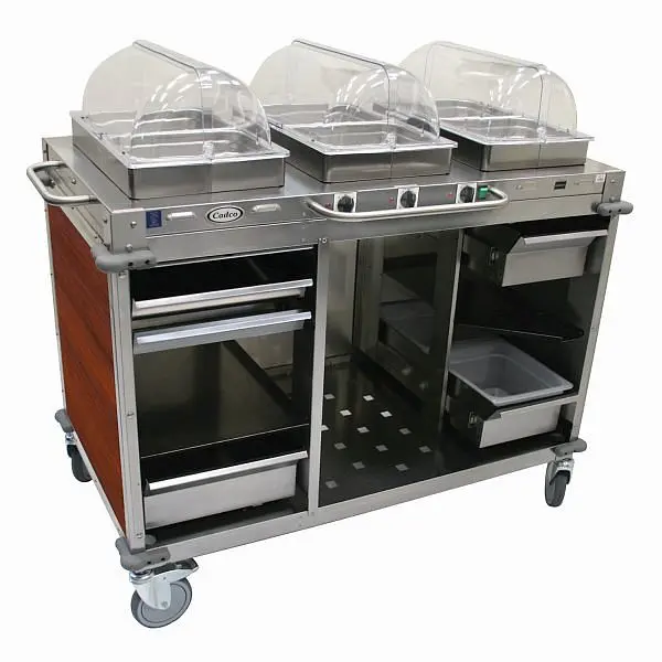 Cadco Flexible MobileServ 3 Bay Cart, includes 2-1/2" High Half Size Stainles Spring Steel Sgroup Pans, Stainless / C...