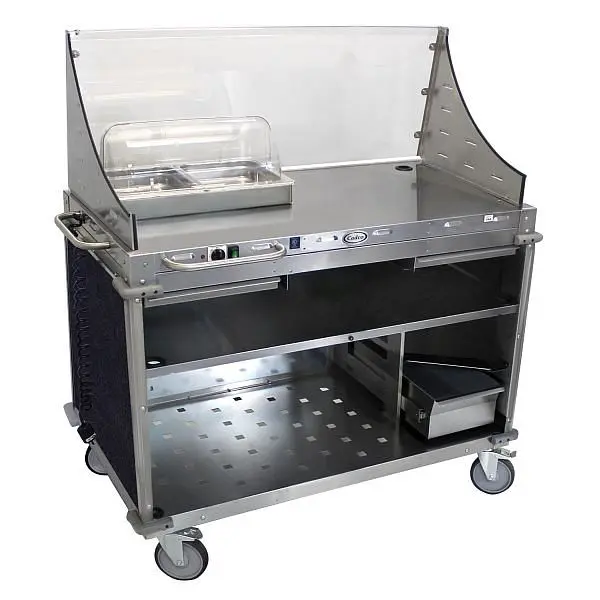 Cadco Grip Large Demo / Sampling Cart Sneeze Guard, Full Size Hot Buffet Server, Wood Stainless / Navy Laminate Panels, CB...