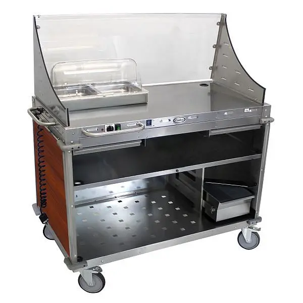 Cadco Large Demo / Sampling Cart Sneeze Guard, Full Size Hot Buffet Server, Oil Stainless / Cherry Laminate Panels, CBC-DC-L5