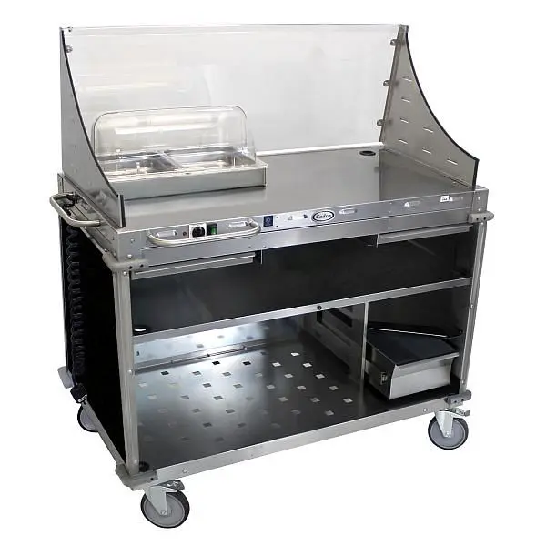 Cadco Large Demo / Sampling Cart Sneeze Guard, Full Size Hot Buffet Server, Stainless / Black Laminate Panels, CBC-DC-L6