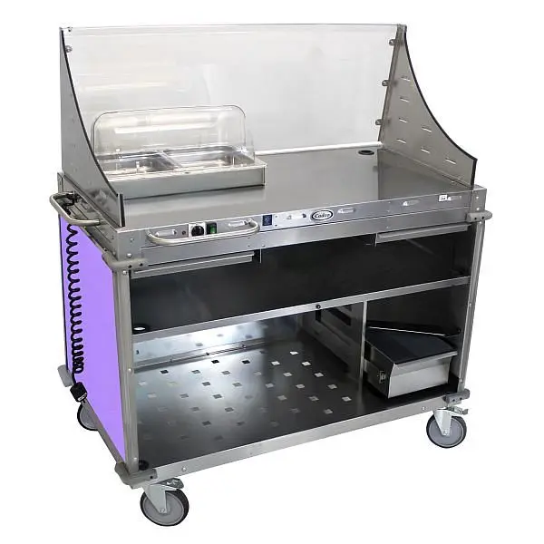 Cadco Large Demo / Sampling Cart Sneeze Guard, Full Size Hot Buffet Server, Stainless / Purple Laminate Panels, CBC-DC-L7