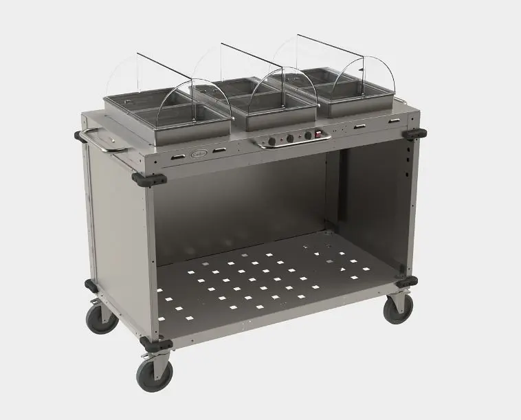 Cadco MobileServ 3 Bay Basic Cart, includes 2-1/2" Deep Half Size Stainles Steel Pans, Stainless / Grey Laminate Pane...