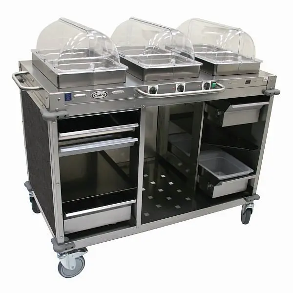 Cadco MobileServ 3 Bay Cart, includes 2-1/2" High Half Size Stainles Steel Sgroup Pans, Stainless / Grey Laminate Pan...