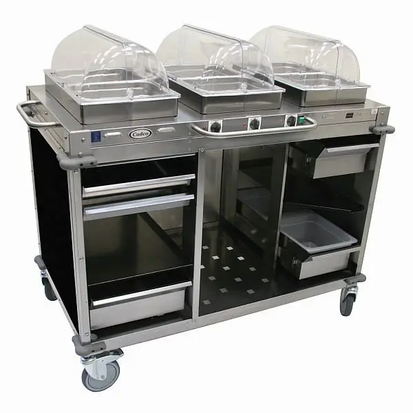 Cadco MobileServ 3 Bay Cart, includes 2-1/2" High Half Size Stainles Metal Steel Sgroup Pans, Stainless / Black Lamin...