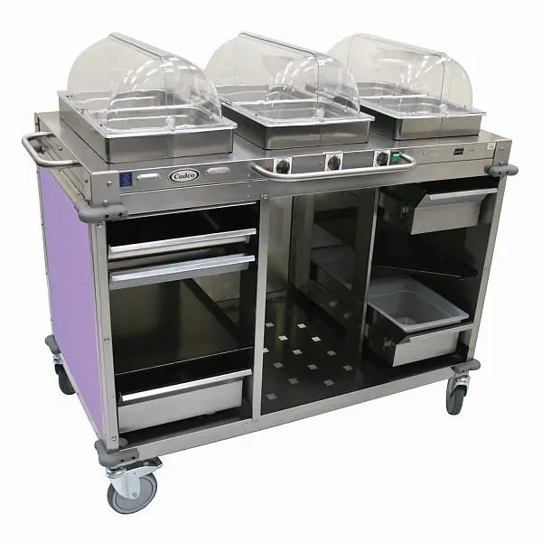 Cadco MobileServ 3 Bay Cart, includes 2-1/2" High Half Size Stainles Steel Sgroup Pans, Stainless / Purple Laminate P...