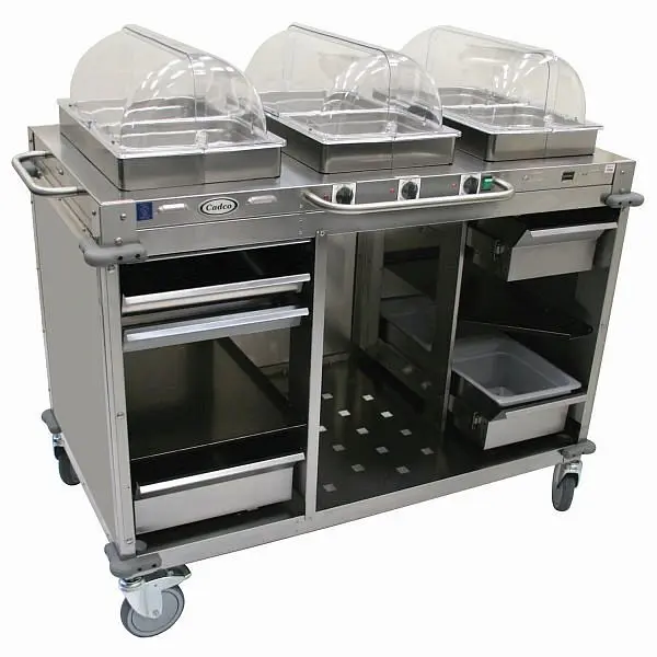 Cadco MobileServ 3 Bay Cart, includes 2-1/2" High Half Size Stainles Steel Sgroup Pans, Stainless Laminate Panels, CB...