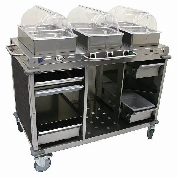 Cadco MobileServ 3 Bay Cart, includes 4" High Half Size Stainles Steel Sgroup Pans, Stainless / Grey Laminate Panels,...