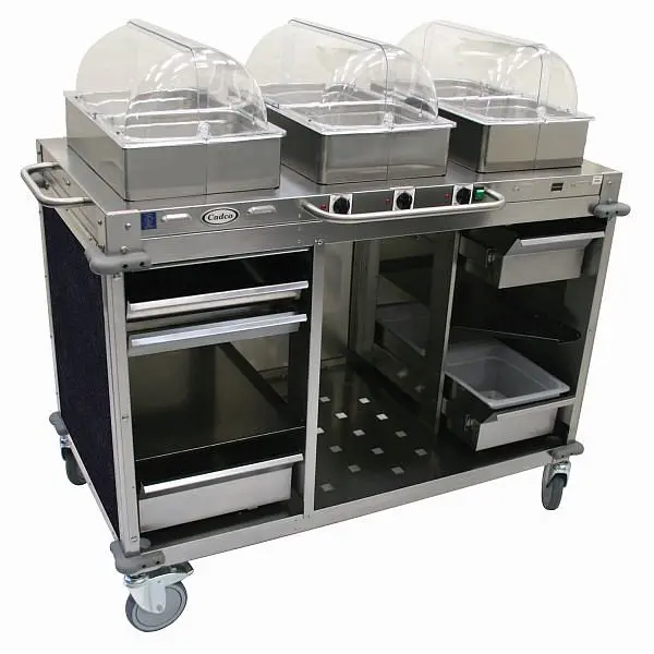 Cadco MobileServ 3 Bay Cart, includes 4" High Half Size Stainles Mild Steel Sgroup Pans, Stainless / Navy Laminate Pa...