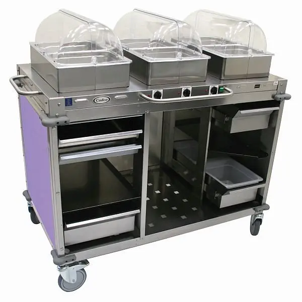 Cadco MobileServ 3 Bay Cart, includes 4" High Half Size Stainles Carbon Steel Sgroup Pans, Stainless / Lavender Lamin...