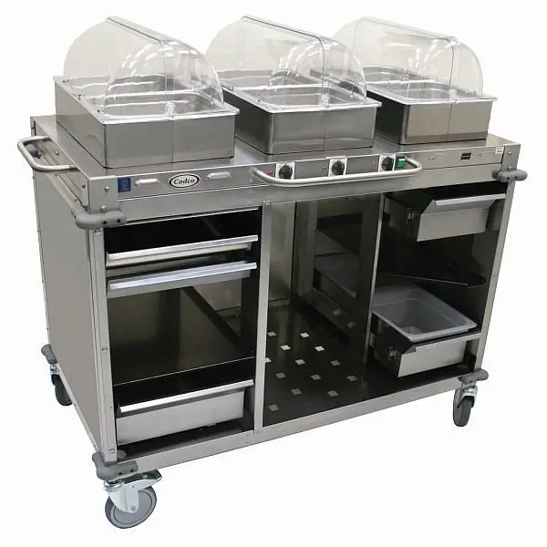 Cadco MobileServ 3 Bay Cart, includes 4" High Half Size Stainles Steel Sgroup Pans, Stainless Laminate Panels, CBC-HH...