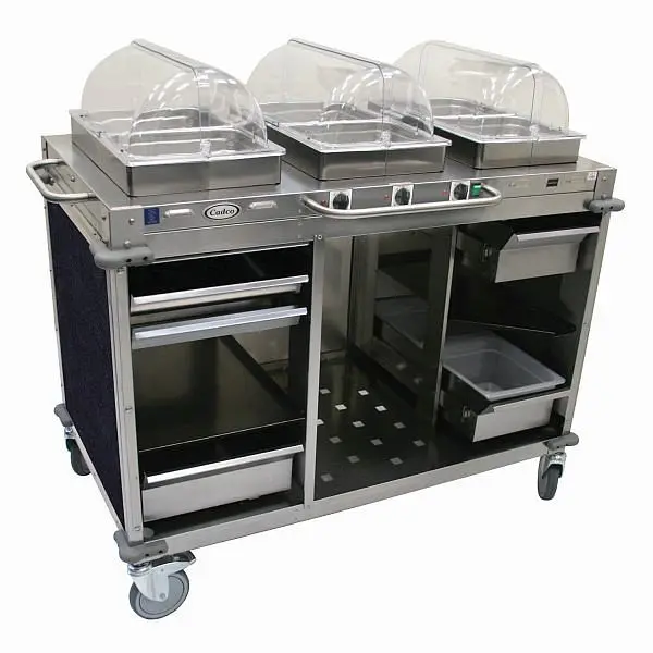 Cadco Quick-Release MobileServ 3 Bay Cart, includes 2-1/2" High Half Size Stainles Steel Sgroup Pans, Stainless / Nav...