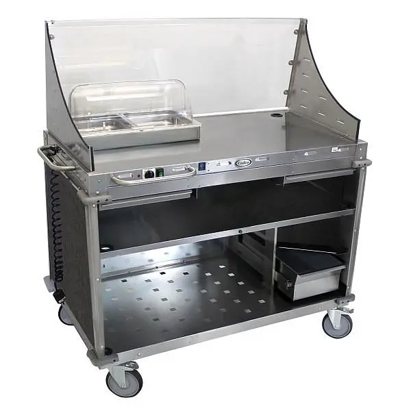 Cadco Reliable Large Demo / Sampling Cart Sneeze Guard, Full Size Hot Buffet Server, Stainless / Grey Laminate Panels, CBC...