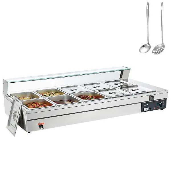 VEVOR 10-Pan Commercial Food Warmer, 10 x 12QT Electric Sgroup Table Tempered Glass Cover, BLZBWTCG1012QPBW2V1