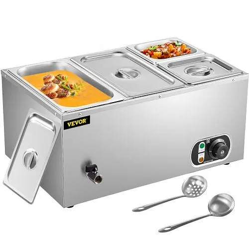 VEVOR 110V Commercial Food Warmer 2x1/3GN and 2x1/6GN, 4-Pan Bain Marie 14.8qt Capacity, 1500W Sgroup Table 15cm/6" D...