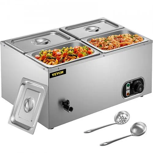 VEVOR 110V Commercial Food Warmer 4x1/4GN, 4-Pan Bain Marie 14.8qt Flat Capacity, 1500W Sgroup Table 15cm/6" Deep, PT...