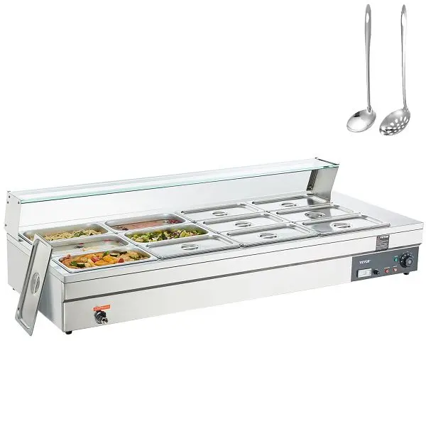 VEVOR 12-Pan Commercial Food Warmer, 12 x 8QT Electric Sgroup Table Tempered Glass Cover, B128QT1800W12Q1Z1V1