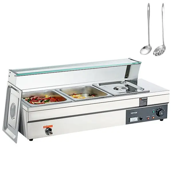 VEVOR 3-Pan Commercial Food Warmer, 3 x 12QT Electric Sgroup Table Tempered Glass Cover, BL312QT1500W3CLFRV1