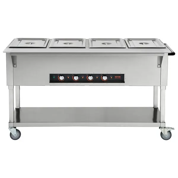 VEVOR 4-Pan Commercial Food Warmer, 4 x 20.6QT Electric Sgroup Table 4 Wheels (2 Lockable), SPZQZWGSS4PWKMHXCV1