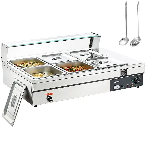 VEVOR 6-Pan Commercial Food Warmer, 6 x 12QT Electric Sgroup Table Tempered Glass Cover, BL612QT1500W6UDSFV1