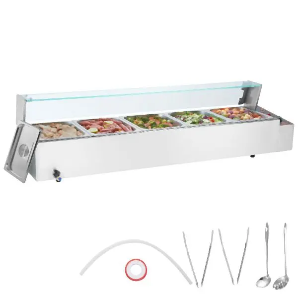 VEVOR Commercial Electric Food Warmer Countertop Buffet 5*8Qt Glass Shield, SYSPBWQBLZK5C1L71V1