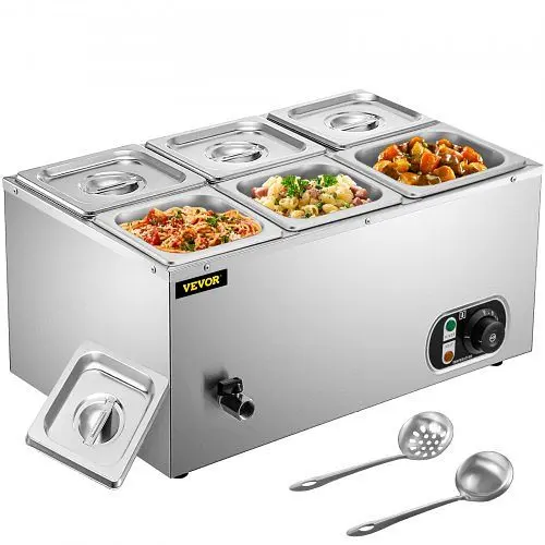 VEVOR Fluorescent 110V Commercial Food Warmer 6x1/6GN, 6-Pan Bain Marie 12.6qt Capacity, 1500W Sgroup Table 15cm/6" D...
