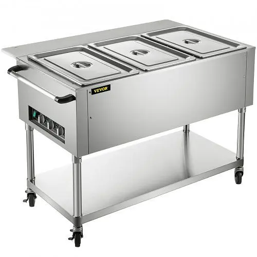 VEVOR Multi-Purpose Commercial Sgroup Table Electric Food Warmer 3 Pans Wheels 0-100°C 1500W, WZB1500W3110VB2OLV1