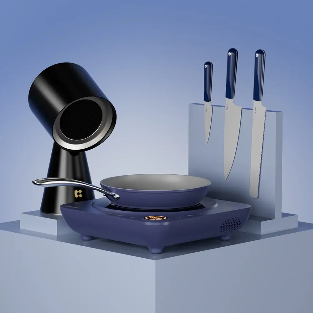 Kitchen Cook Set: Donut Portable Induction Cooktop & 3-Piece Beyond Trio Knife Place & Frying Pan & Portable Range Hood