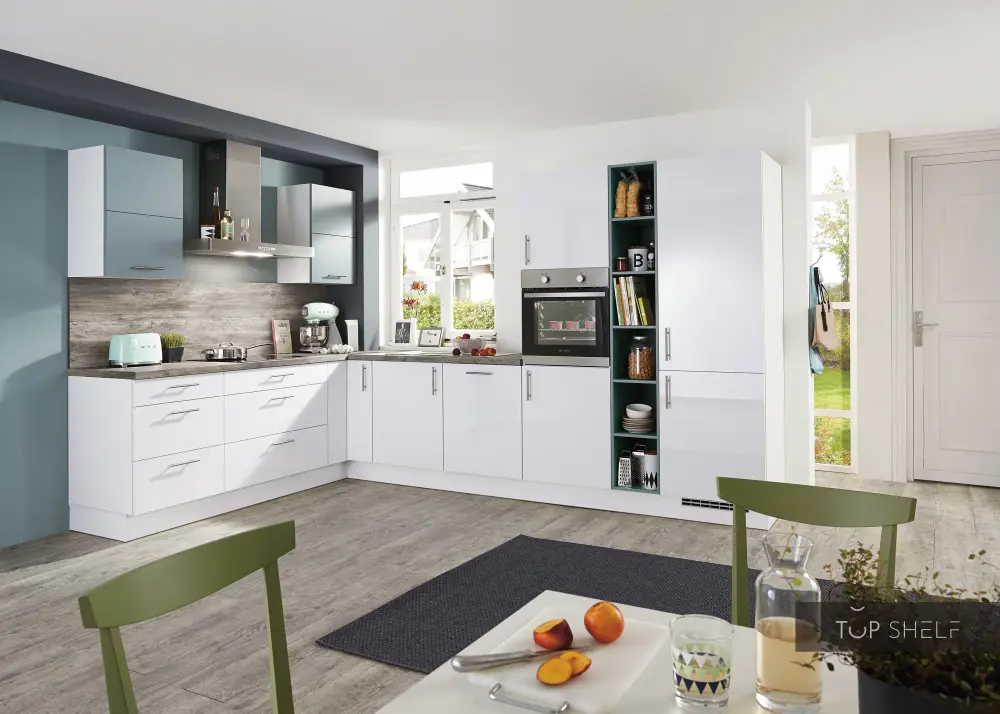 nobilia corner kitchen Focus 470 lacquer alpine alabaster ultra high gloss 260x350cm configurable -