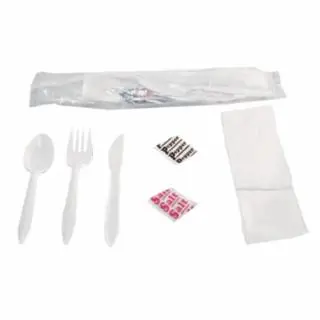 BOARDWALK Wrapped Cutlery Kits, Fork, Knife, Spoon, Napkin, Salt & Pepper Boxets, 250 pack, BWK6KITMW