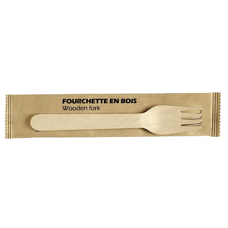 Solia Wooden Fork individually wrapped Paper bag 6.5"/ 165mm, Crate 2500 Pcs, CB19201c