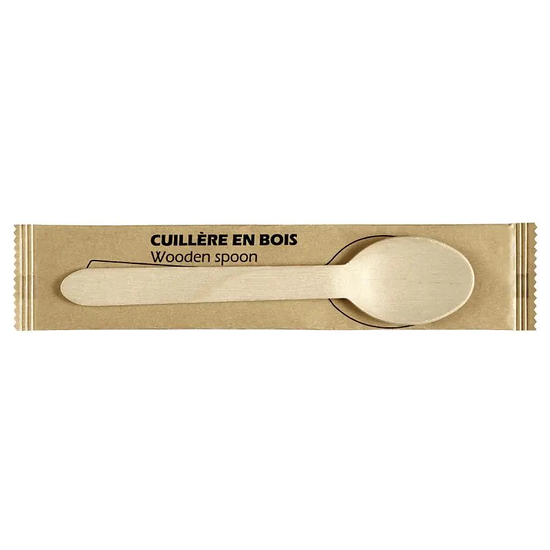 Solia Wooden Spoon individually wrapped Paper bag 6.3"/ 160mm, Case 2500 Pieces, CB19203c