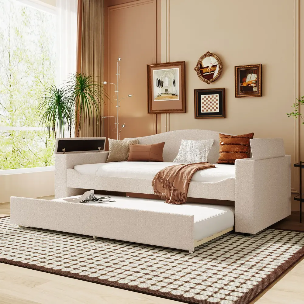 Organic Cotton Certified Upholstered Daybed Storage Armrests, Trundle And Most recent Integrated tooth Audio System