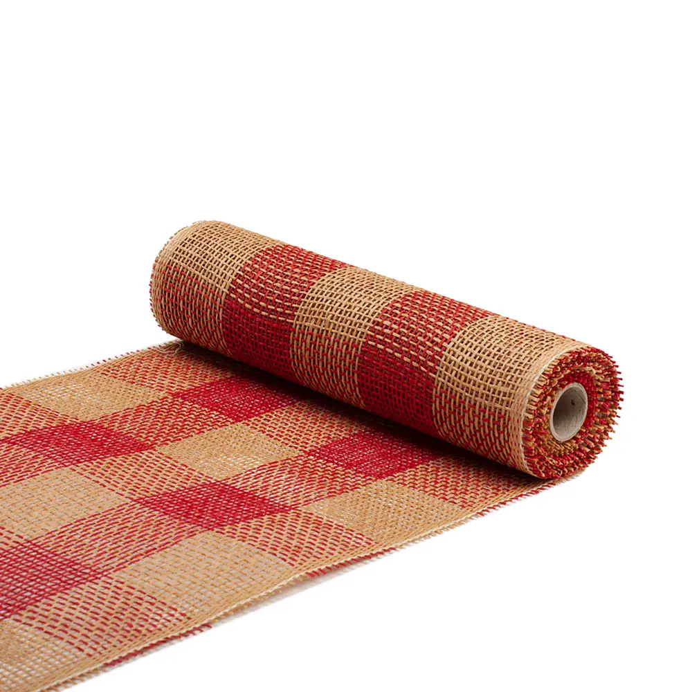 Decorative Ribbon Burlap Look 12" x 5 Yardss, Ruby and Beige Checks