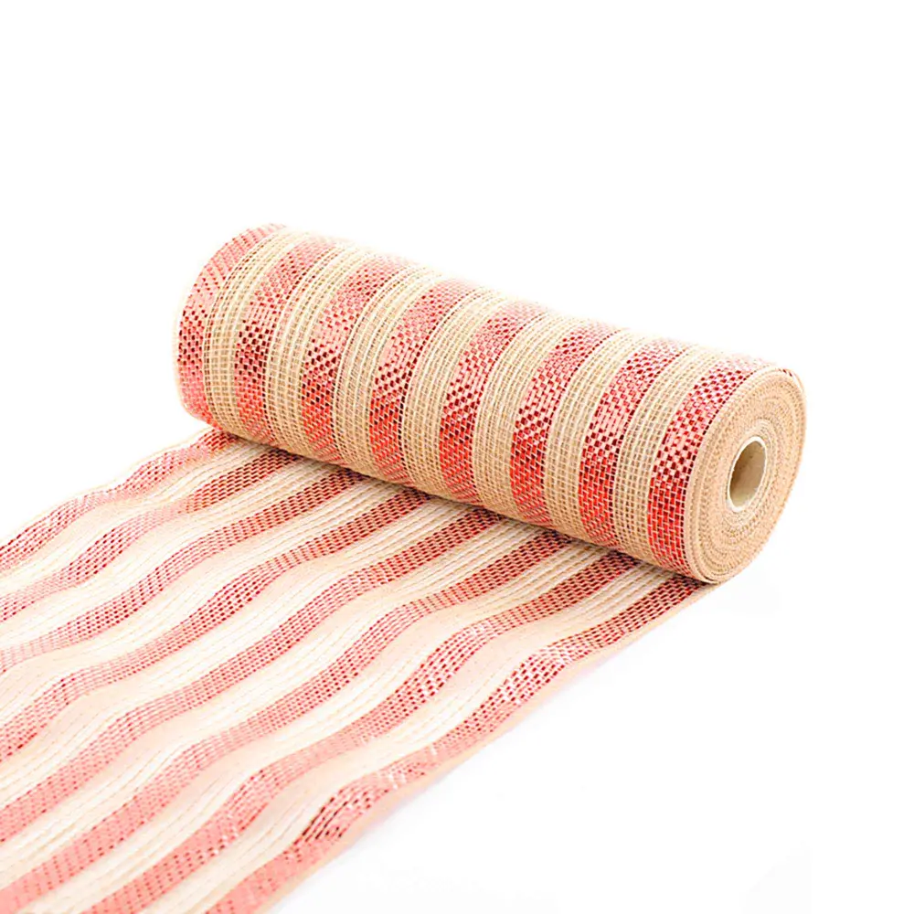 Shiny Mesh Decorative Ribbon 10.5" x 10 Yards, Natural and Cherry