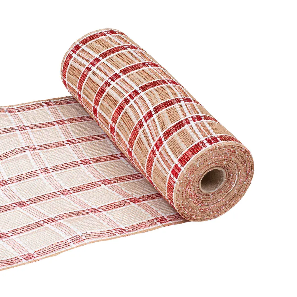 Shiny Mesh Tiled Decorative Ribbon 10.5" x 10 Yards, Chalk, Natural and Red
