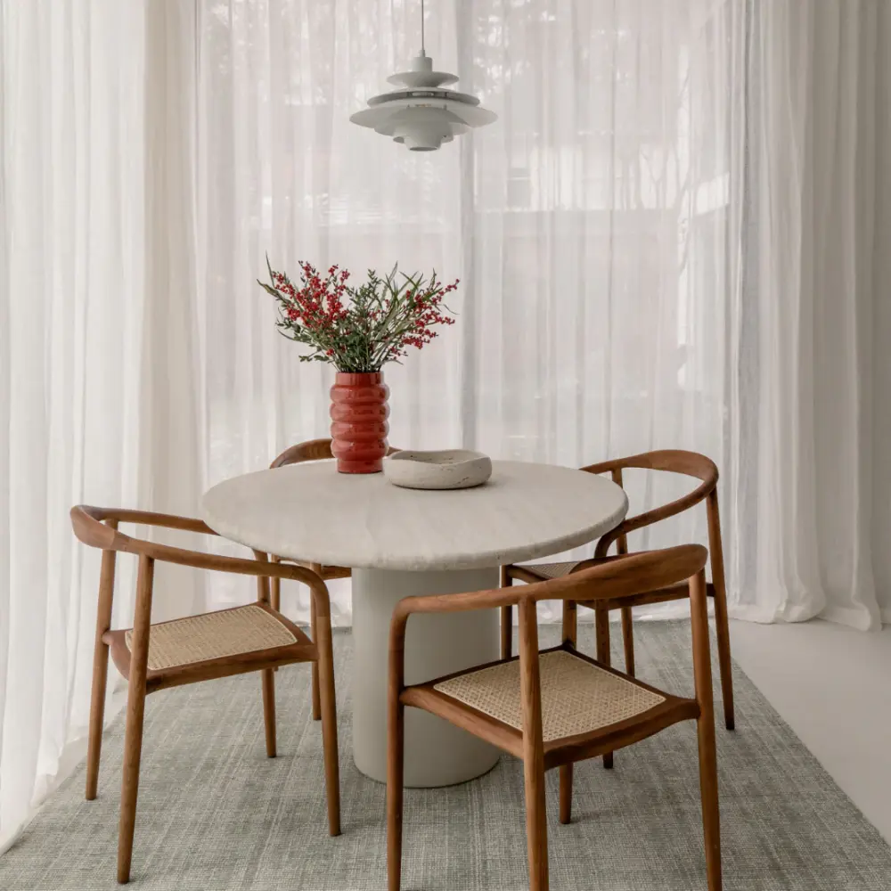 Dining table Reef - Latte StoneSkin leg - Chalk Travertine top half filled - 140 cm