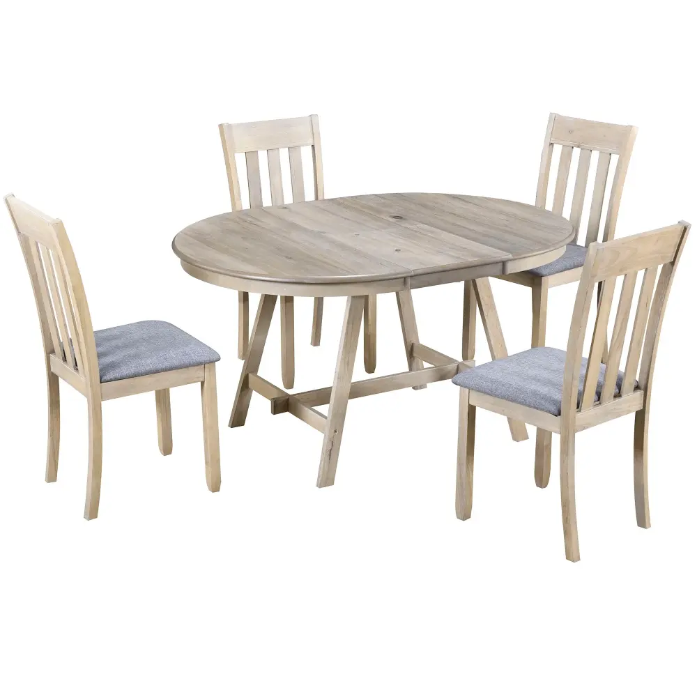 5 Piece Wood Dining Table Place Extendable Round Table And 4 Chairs