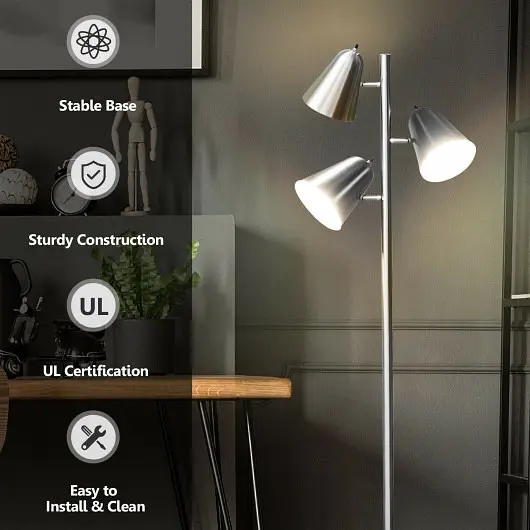 Costway 64 Inch 3, Light LED Floor Lamp Reading Light Living Room Bedroom, Silver, EP24520US-SL