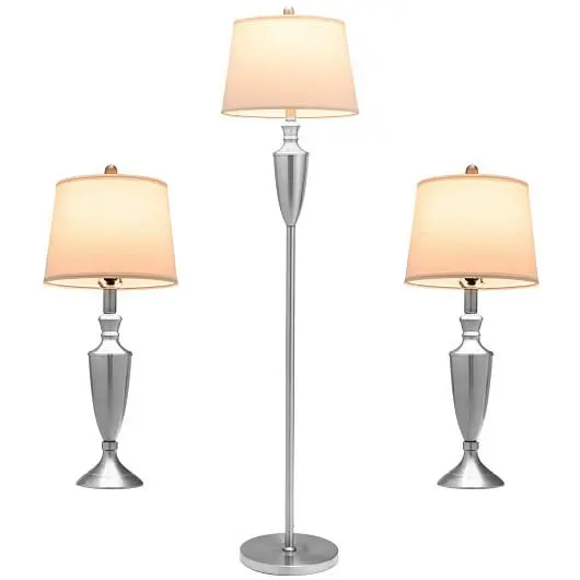 Costway Streamlined 3 Piece Lamp Set Modern Floor Lamp and 2 Table Lamps, Brushed Silver, EU10031US-SL