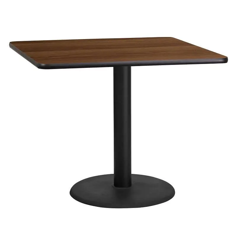 Flash Furniture Graniss 36'' Square Walnut Laminate Table Top 24'' Round Table Height Base, XU-WALTB-3...
