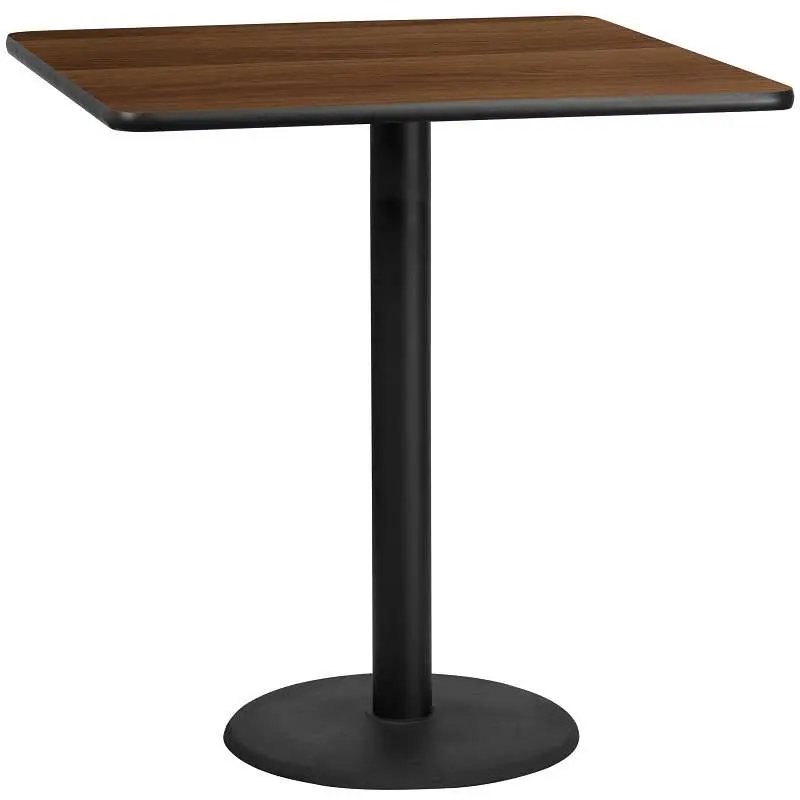 Flash Furniture Stiles 42'' Square Walnut Laminate Table Top 24'' Round Bar Height Table Base, XU-WALT...