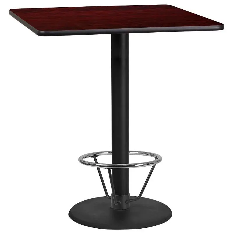 Flash Grooved Furniture Stiles 36'' Square Mahogany Laminate Table Top 24'' Round Bar Height Table Bas...