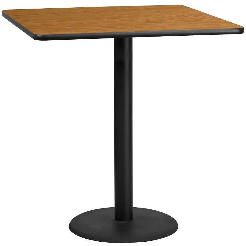 Flash Large Furniture Stiles 42'' Square Raw Laminate Table Top 24'' Round Bar Height Table Base, XU-N...