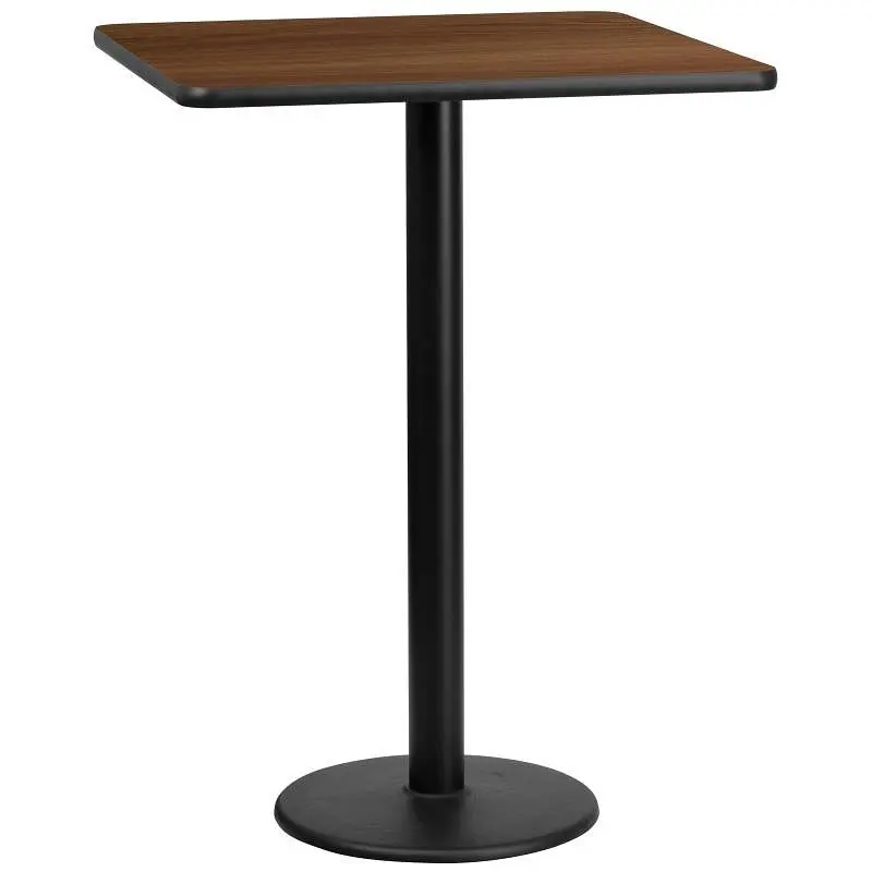 Flash Original Furniture Stiles 30'' Square Walnut Laminate Table Top 18'' Round Bar Height Table Base...