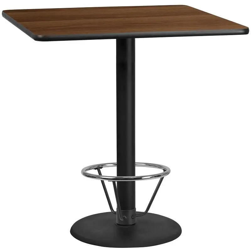 Flash Slim Furniture Stiles 42'' Square Walnut Laminate Table Top 24'' Round Bar Height Table Base and...