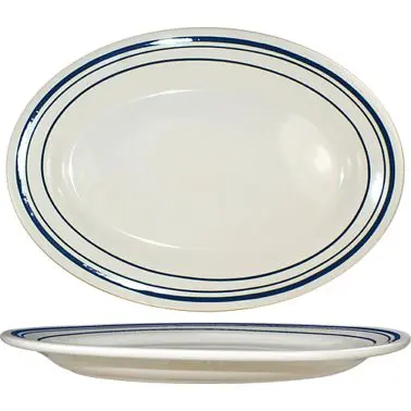 International Micro Tableware Catania Stoneware Blue Platter 11-1/2" x 8-1/4", American White Blue Band, Quantit...