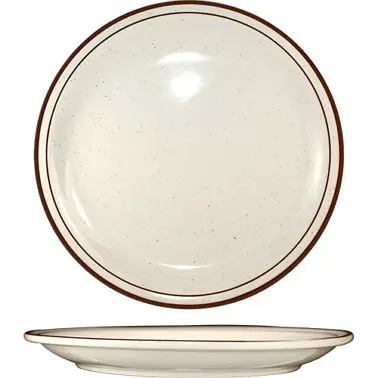 International Premium Tableware Granada Stoneware Brown Plate 9", American White Brown Band and Speckles, Quantity: 2...