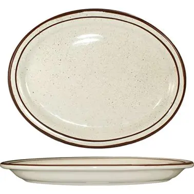 International Ribbed Tableware Granada Stoneware Brown Platter 13-1/4" x 10-3/8", American Snow White Brown Band...