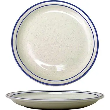 International Solid Tableware Danube Stoneware Blue Plate 10-1/2", American Cream Blue Band and Speckles, Quantity: 1...